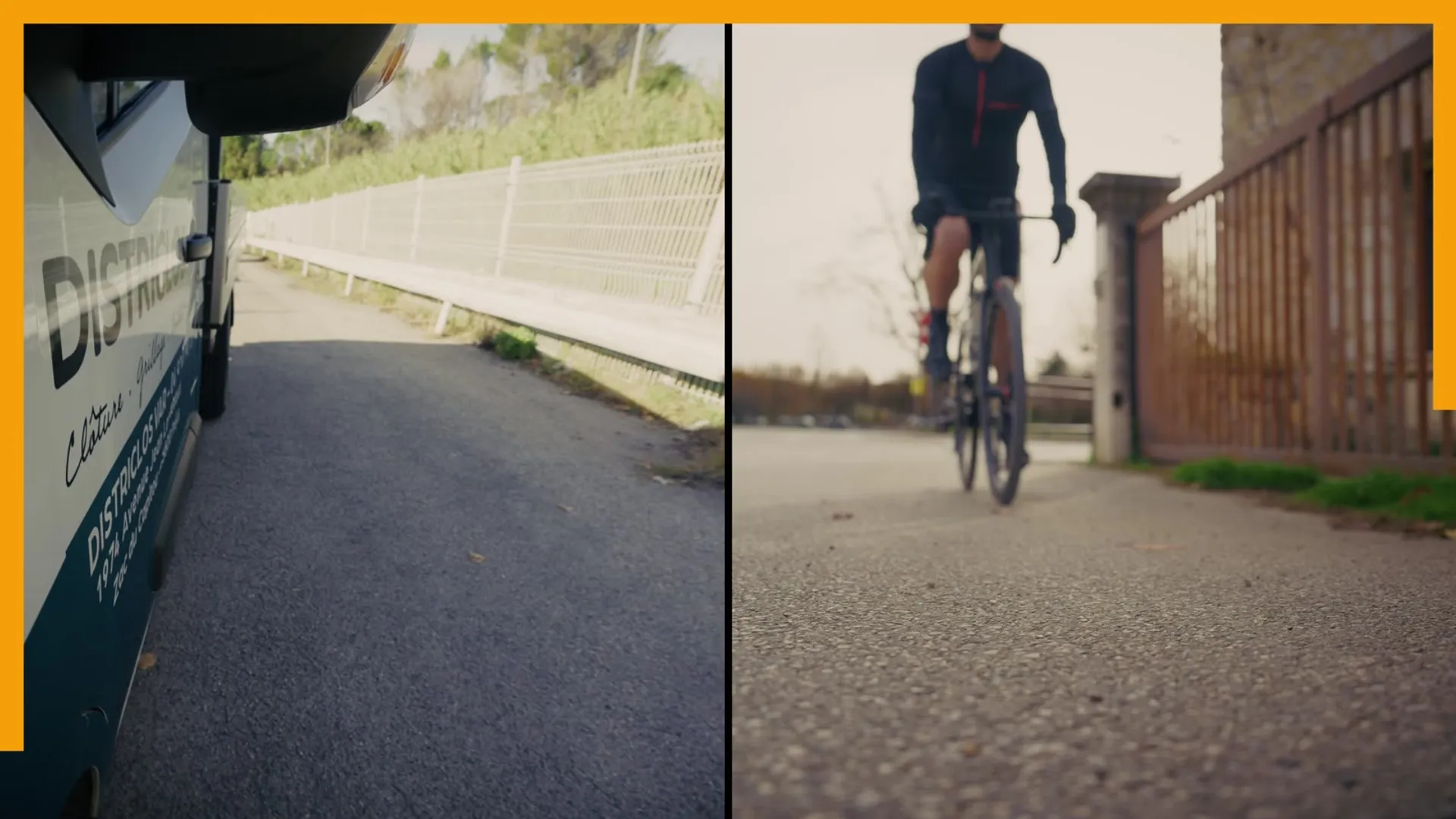 Split-screen du film Districlos mêlant cyclisme de haut niveau et univers industriel, réalisé pour le salon Paysalia