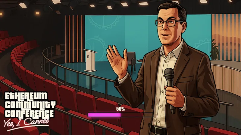 Écran d'introduction du film façon GTA réalisé pour l'EthCC à Cannes, illustration style jeu vidéo avec le titre Ethereum Community Conference