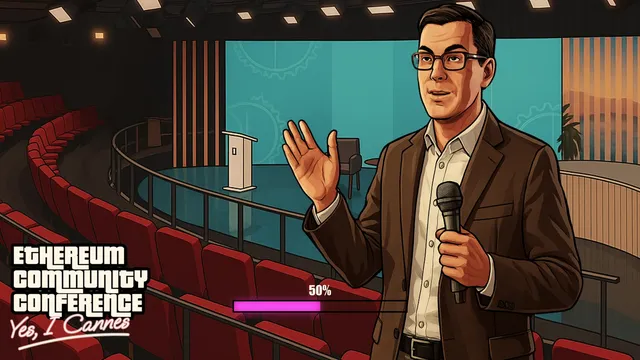 Écran d'introduction du film façon GTA réalisé pour l'EthCC à Cannes : illustration de conférencier style jeu vidéo avec le titre Ethereum Community Conference, Yes, I Cannes