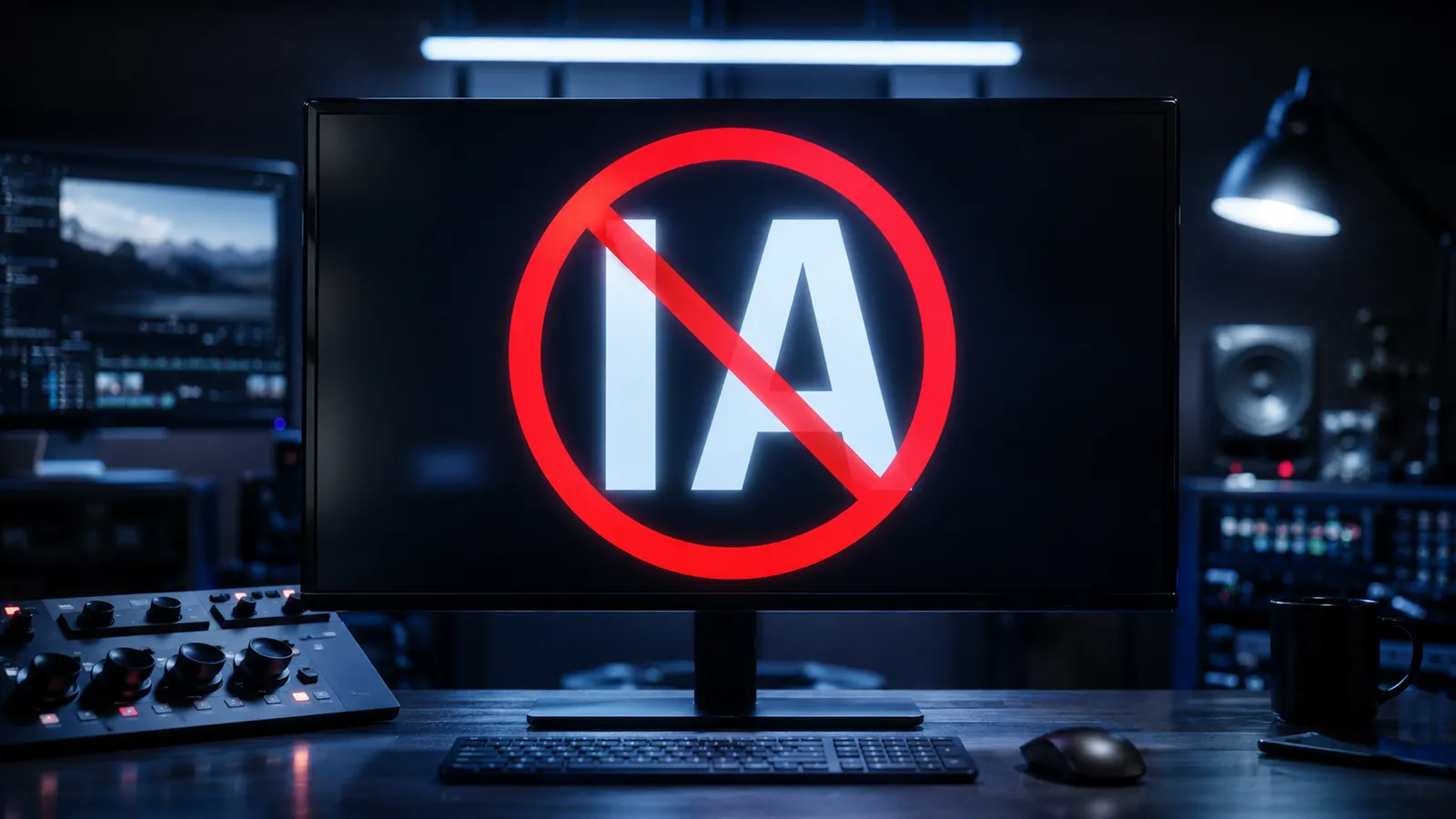 Computer screen displaying the letters AI, crossed out by a red prohibition sign, on a dark background